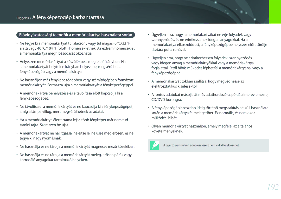 Samsung EV-NX30ZZBGBHU, EV-NX30ZZBGBDE, EV-NX30ZZBZBCZ manual 192, Elővigyázatossági teendők a memóriakártya használata során 