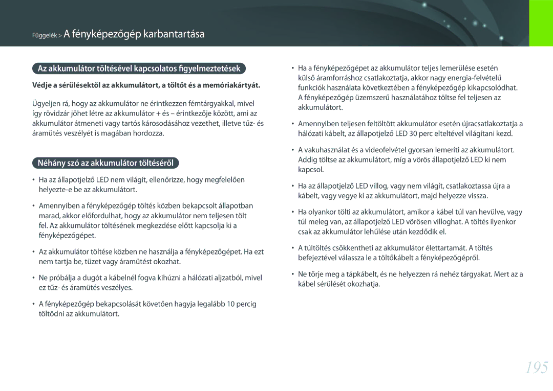 Samsung EV-NX30ZZBGBDE, EV-NX30ZZBGBHU, EV-NX30ZZBZBCZ manual 195, Az akkumulátor töltésével kapcsolatos figyelmeztetések 