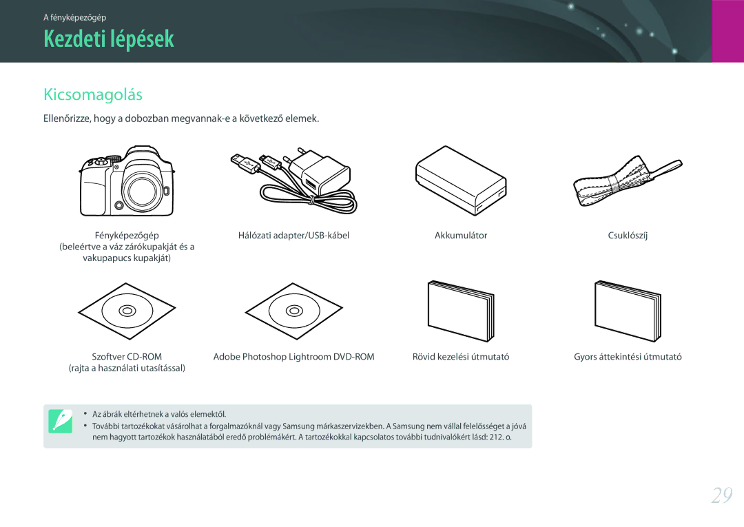 Samsung EV-NX30ZZBZBCZ manual Kezdeti lépések, Kicsomagolás, Ellenőrizze, hogy a dobozban megvannak-e a következő elemek 