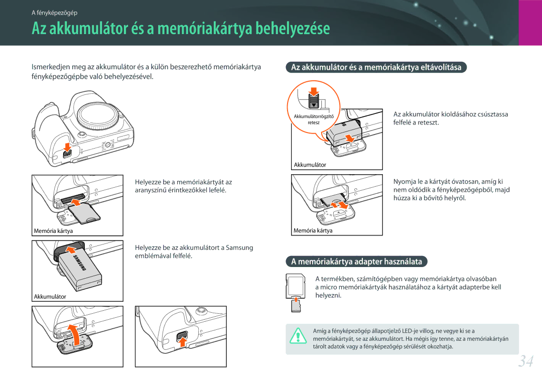 Samsung EV-NX30ZZBGBCH, EV-NX30ZZBGBDE Az akkumulátor és a memóriakártya behelyezése, Memóriakártya adapter használata 