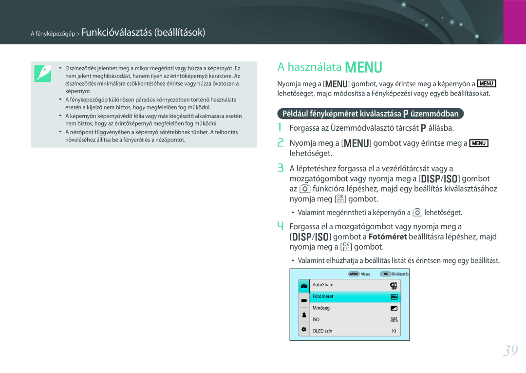 Samsung EV-NX30ZZBGBDE, EV-NX30ZZBGBHU, EV-NX30ZZBZBCZ manual Használata m, Például fényképméret kiválasztása Püzemmódban 