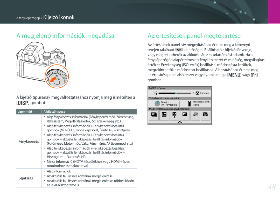 Samsung EV-NX30ZZBGBHU, EV-NX30ZZBGBDE manual Megjelenő információk megadása, Az értesítések panel megtekintése, Lejátszás 