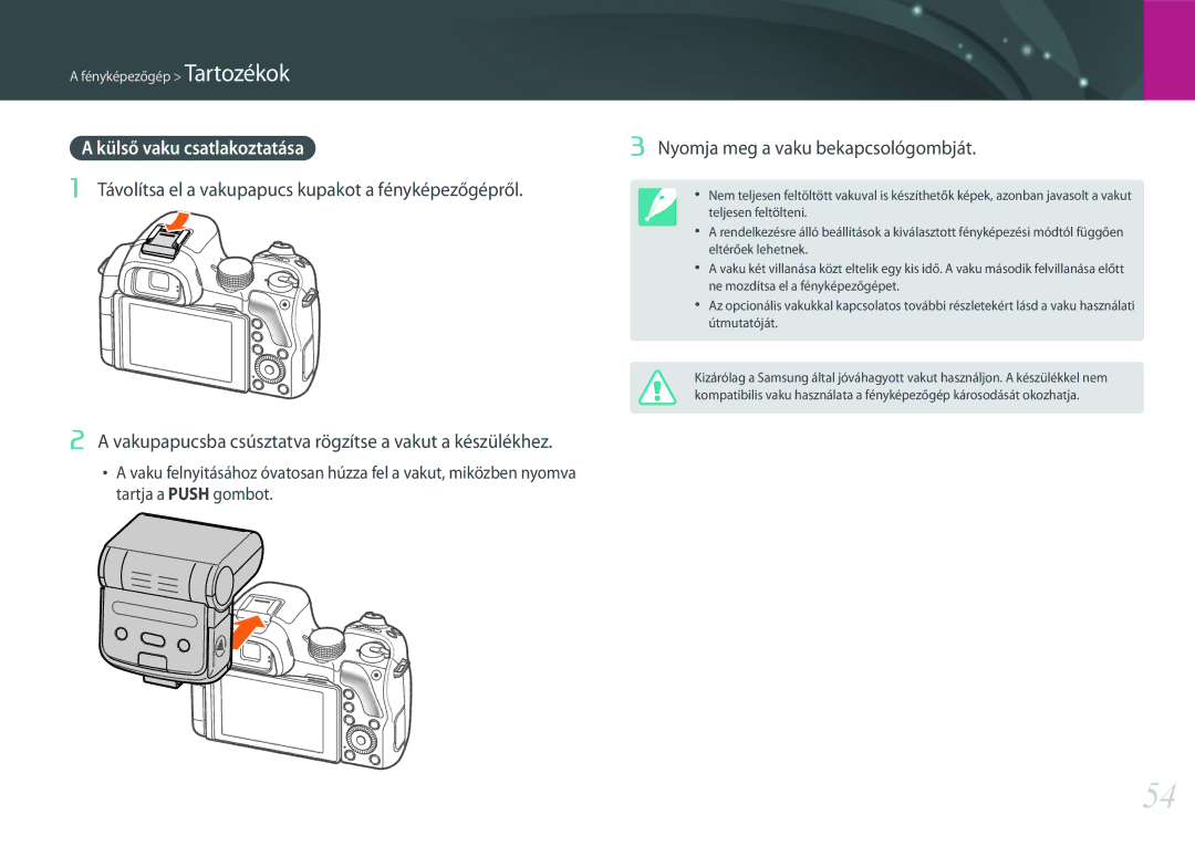 Samsung EV-NX30ZZBGBCH, EV-NX30ZZBGBDE, EV-NX30ZZBGBHU manual Külső vaku csatlakoztatása, Nyomja meg a vaku bekapcsológombját 