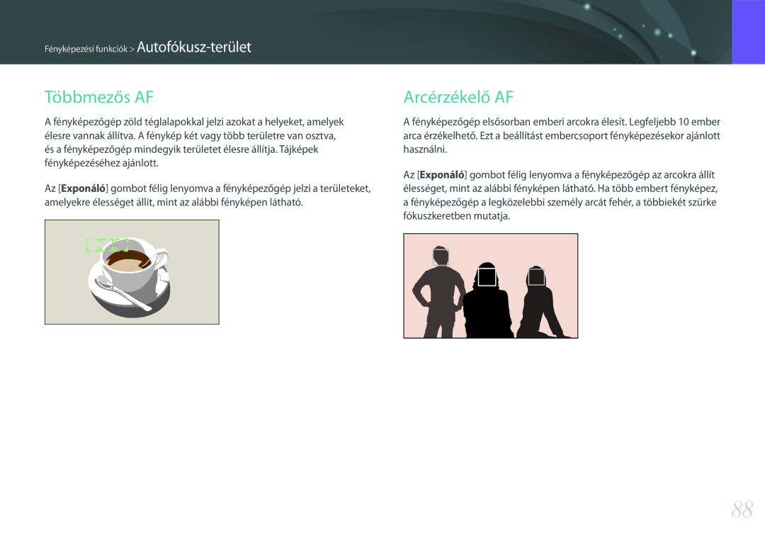 Samsung EV-NX30ZZBGBHU, EV-NX30ZZBGBDE, EV-NX30ZZBZBCZ, EV-NX30ZZBGBCH manual Többmezős AF, Arcérzékelő AF 