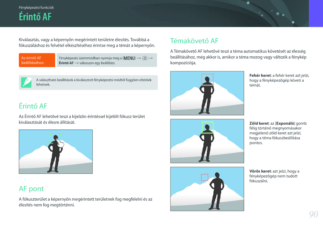 Samsung EV-NX30ZZBGBCH, EV-NX30ZZBGBDE, EV-NX30ZZBGBHU, EV-NX30ZZBZBCZ manual Érintő AF, AF pont, Témakövető AF 