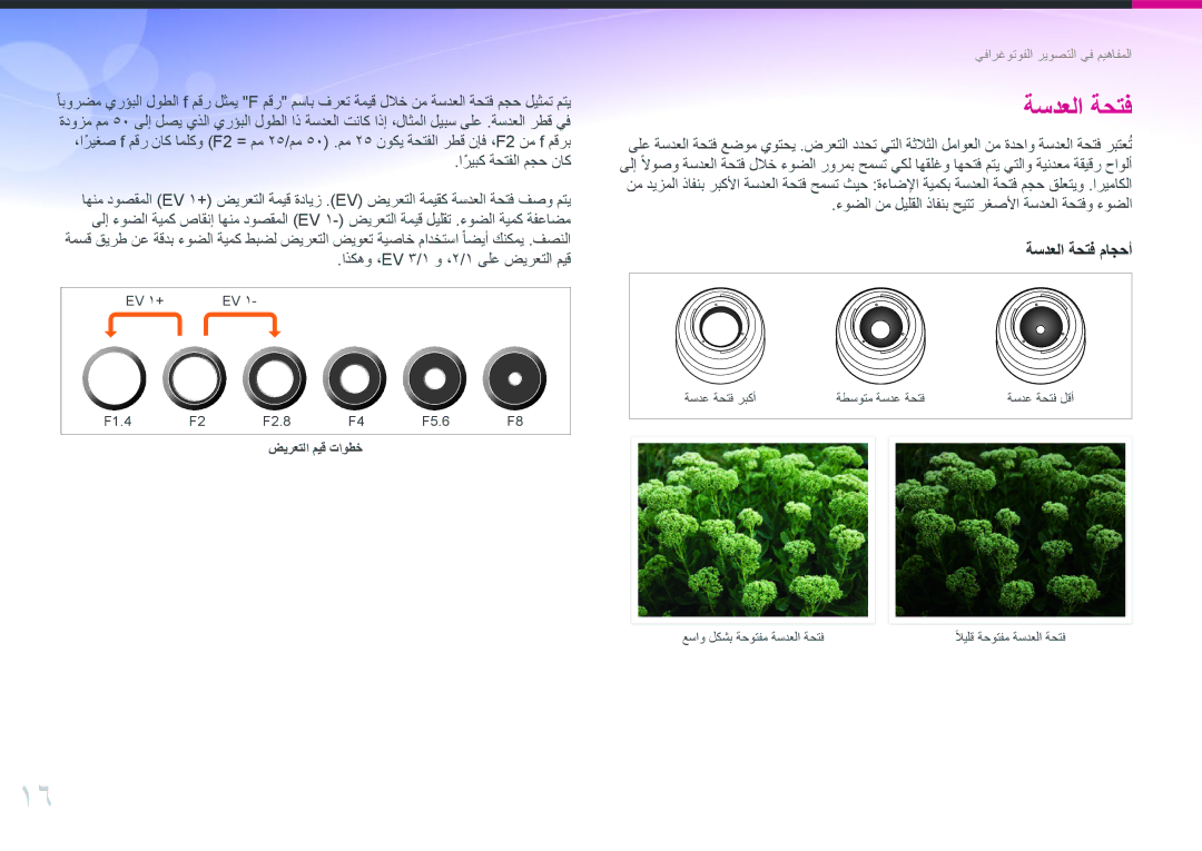 Samsung EV-NX30ZZGGBIR, EV-NX30ZZBGBDZ, EV-NX30ZZGGBME manual ءوضلا نم ليلقلا ذافنب حيتت رغصلأا ةسدعلا ةحتفو ءوضلا 