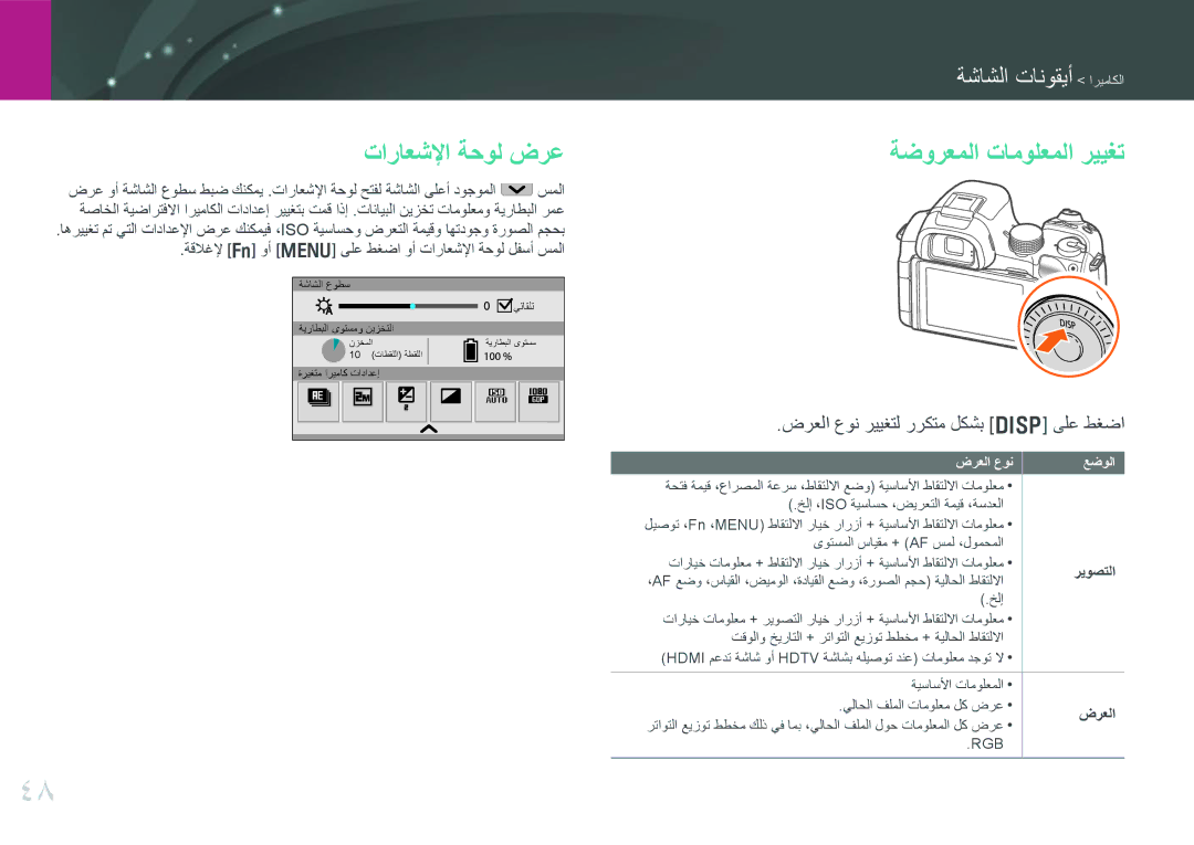 Samsung EV-NX30ZZBGBDZ, EV-NX30ZZGGBME, EV-NX30ZZBGBRU تاراعشلإا ةحول ضرع, ضرعلا عون رييغتل رركتم لكشب D ىلع طغضا, ريوصتلا 