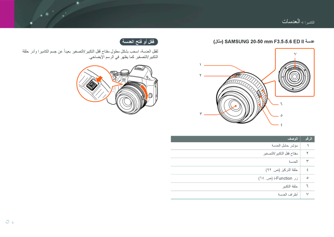 Samsung EV-NX30ZZBGBRU, EV-NX30ZZBGBDZ, EV-NX30ZZGGBME manual ةسدعلا حتف وأ لفق, لاثم Samsung 20-50 mm F3.5-5.6 ED II ةسدع 