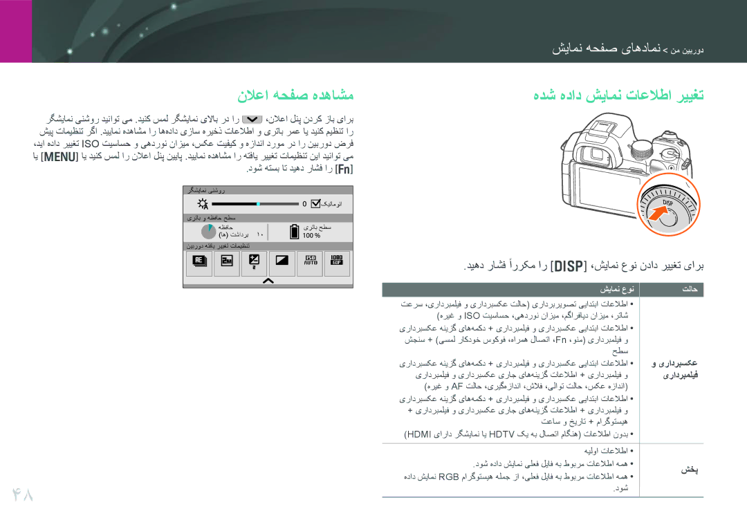 Samsung EV-NX30ZZBGBDZ manual نلاعا هحفص هدهاشم, دیهد راشف ًاررکم ار D ،شیامن عون نداد رییغت یارب, یرادربسکع یرادربملیف شخپ 