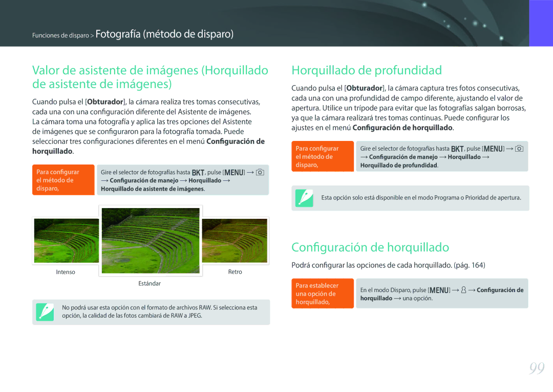 Samsung EV-NX30ZZBGBES manual Horquillado de profundidad, Configuración de horquillado 