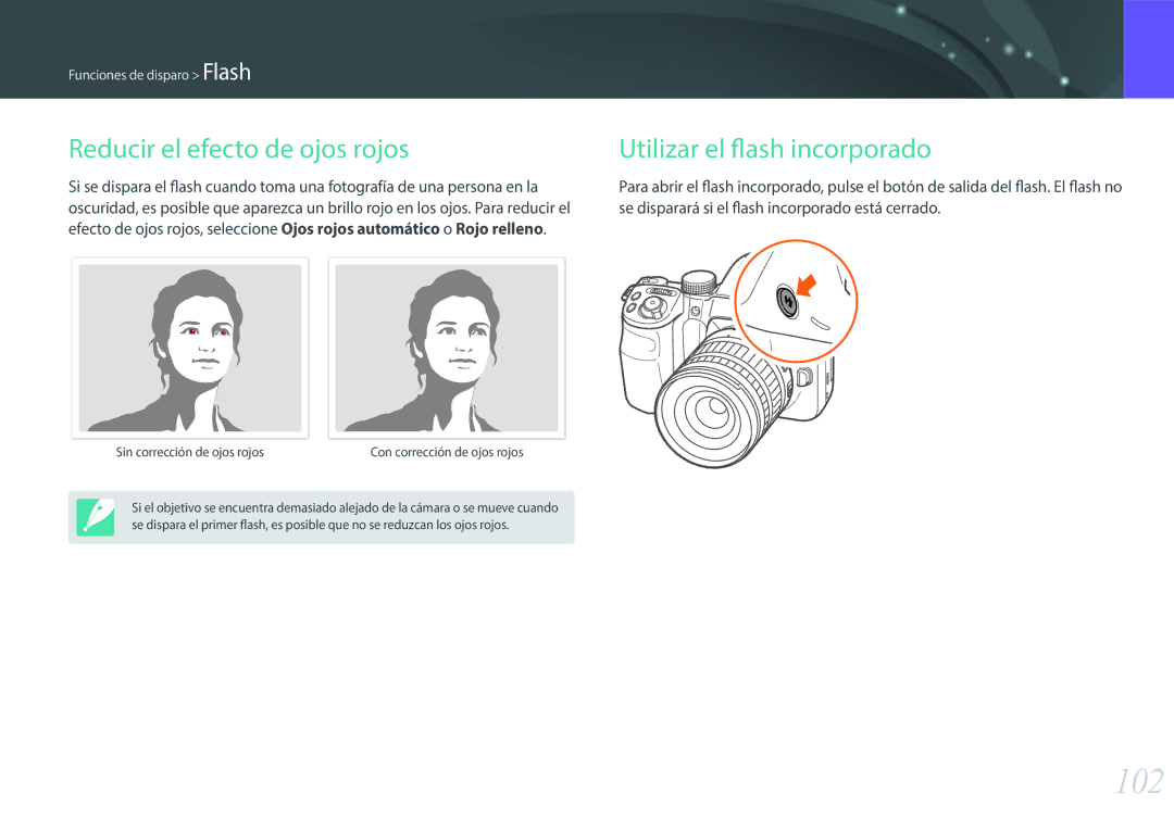 Samsung EV-NX30ZZBGBES manual 102, Se disparará si el flash incorporado está cerrado 