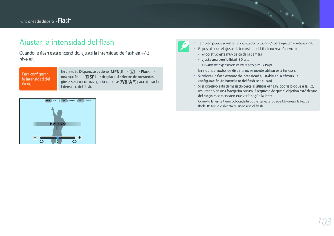 Samsung EV-NX30ZZBGBES manual 103, Ajustar la intensidad del flash 