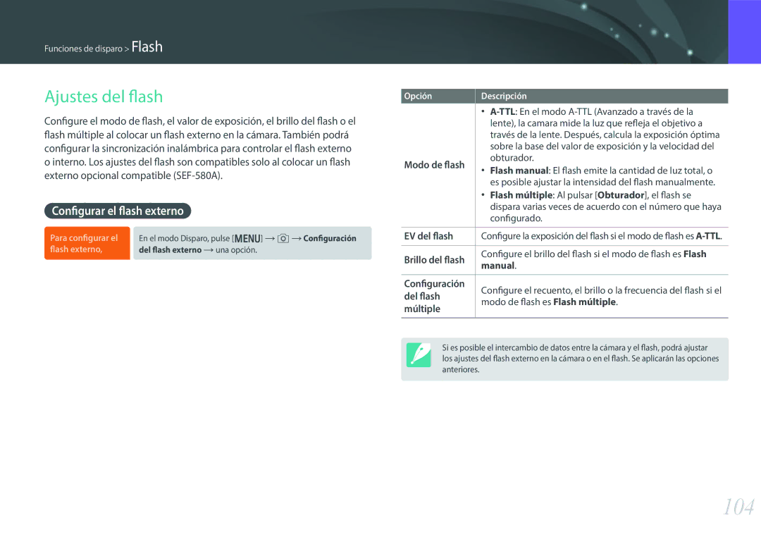 Samsung EV-NX30ZZBGBES manual 104, Ajustes del flash 