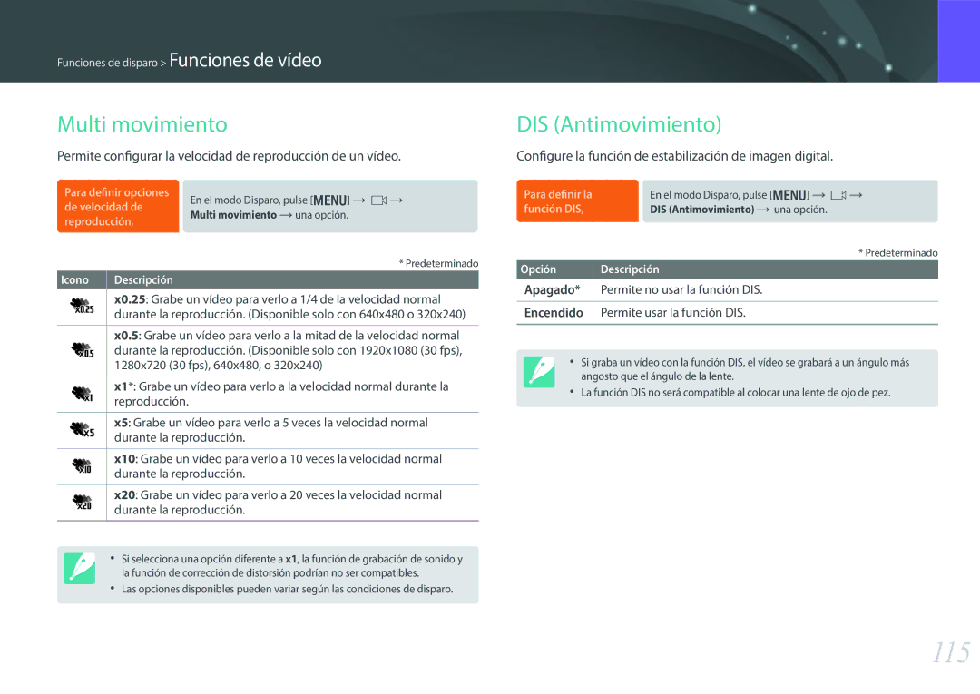 Samsung EV-NX30ZZBGBES 115, Multi movimiento, DIS Antimovimiento, Configure la función de estabilización de imagen digital 