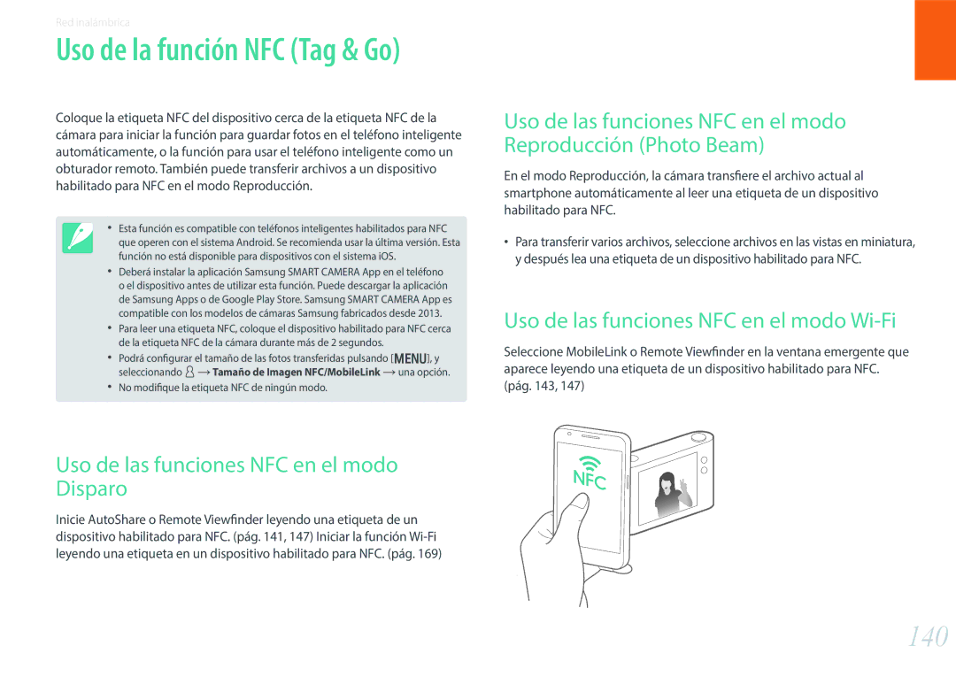 Samsung EV-NX30ZZBGBES manual 140, Uso de las funciones NFC en el modo Disparo, Uso de las funciones NFC en el modo Wi-Fi 