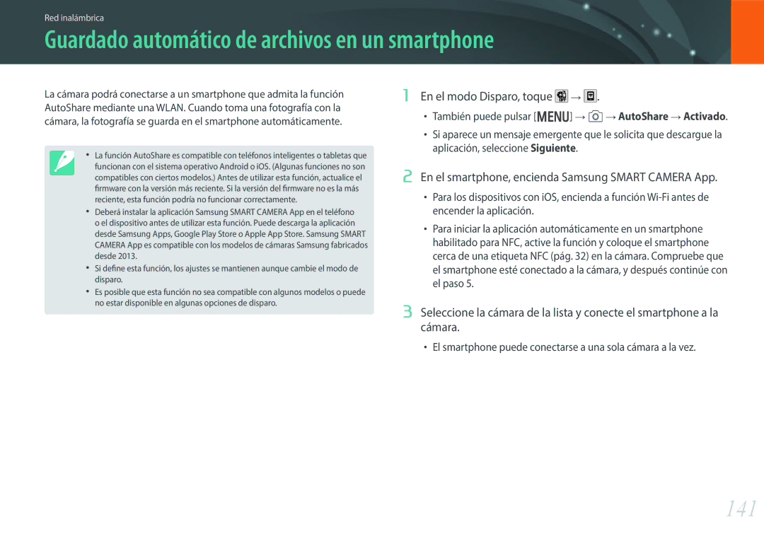 Samsung EV-NX30ZZBGBES manual Guardado automático de archivos en un smartphone, 141, En el modo Disparo, toque 