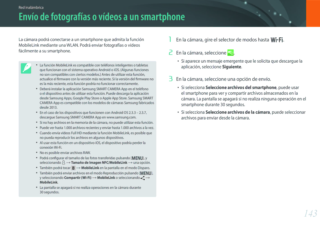 Samsung EV-NX30ZZBGBES Envío de fotografías o vídeos a un smartphone, 143, En la cámara, seleccione una opción de envío 