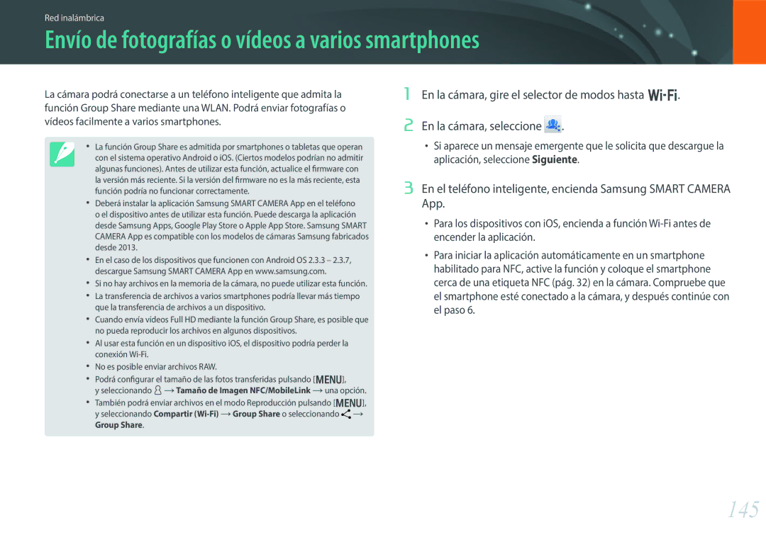 Samsung EV-NX30ZZBGBES manual Envío de fotografías o vídeos a varios smartphones, 145 