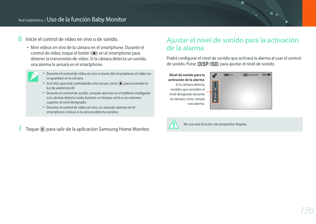 Samsung EV-NX30ZZBGBES manual 150, Ajustar el nivel de sonido para la activación de la alarma 