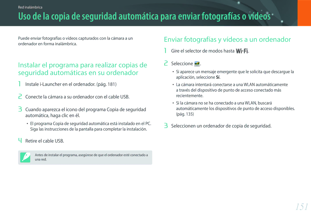 Samsung EV-NX30ZZBGBES manual 151, Enviar fotografías y vídeos a un ordenador, Retire el cable USB 