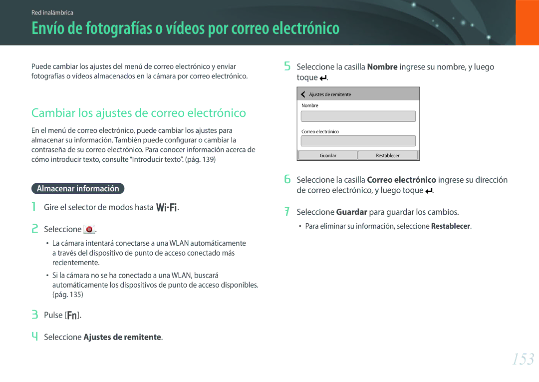 Samsung EV-NX30ZZBGBES manual Envío de fotografías o vídeos por correo electrónico, 153, Almacenar información 