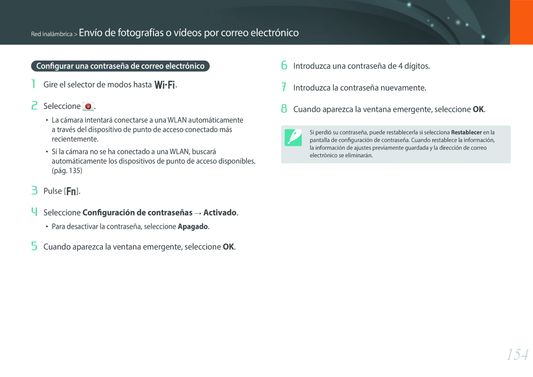 Samsung EV-NX30ZZBGBES manual 154, Configurar una contraseña de correo electrónico 