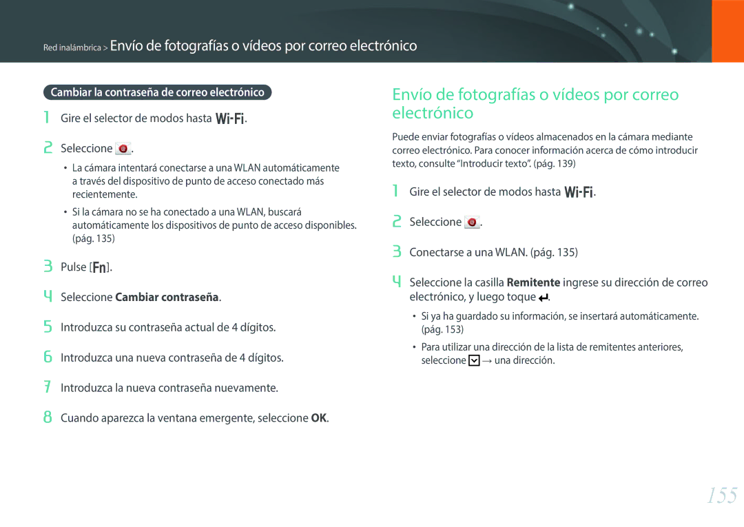 Samsung EV-NX30ZZBGBES manual 155, Envío de fotografías o vídeos por correo electrónico, Seleccione Cambiar contraseña 