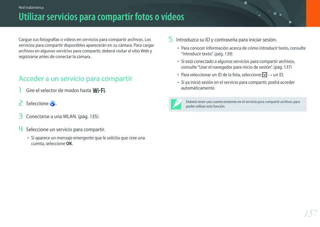 Samsung EV-NX30ZZBGBES manual Utilizar servicios para compartir fotos o vídeos, 157, Acceder a un servicio para compartir 
