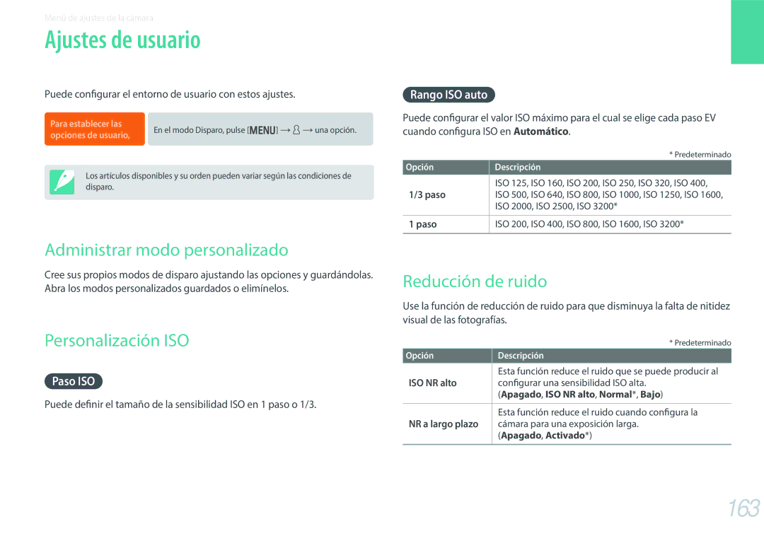 Samsung EV-NX30ZZBGBES Ajustes de usuario, 163, Administrar modo personalizado, Personalización ISO, Reducción de ruido 
