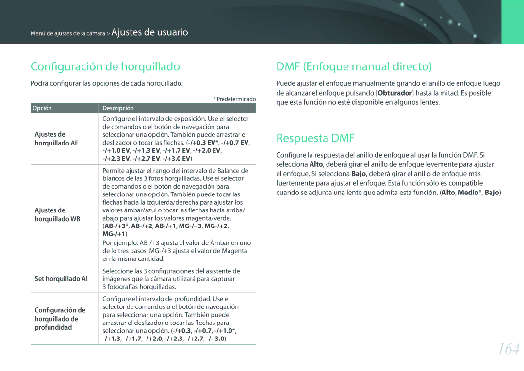 Samsung EV-NX30ZZBGBES manual 164, Horquillado, Respuesta DMF, De cada horquillado 