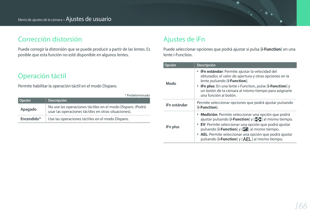 Samsung EV-NX30ZZBGBES manual 166, Corrección distorsión, Operación táctil, Ajustes de iFn 