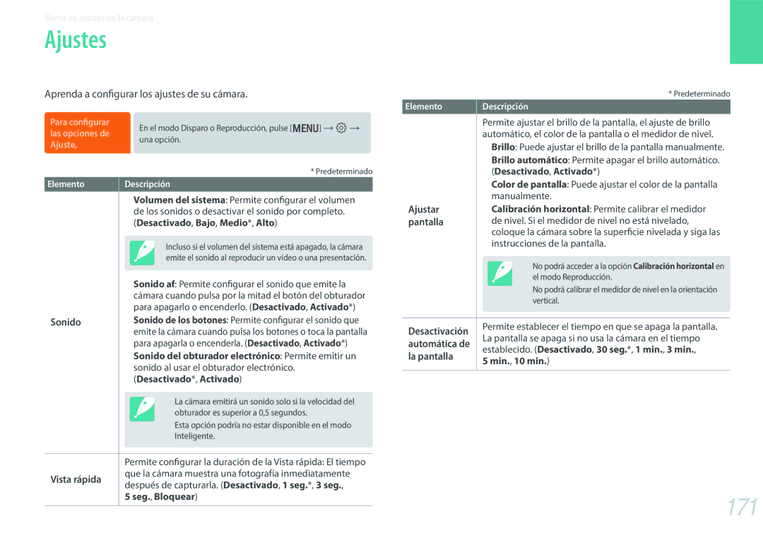 Samsung EV-NX30ZZBGBES manual Ajustes, 171, Aprenda a configurar los ajustes de su cámara 