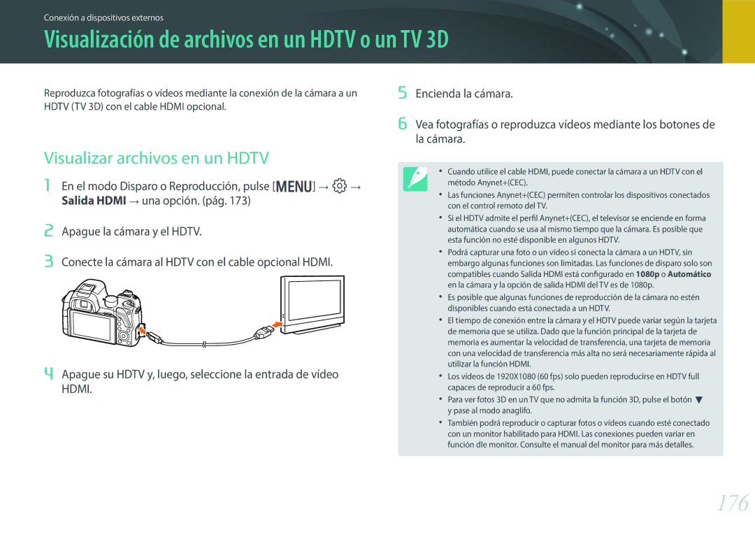 Samsung EV-NX30ZZBGBES Visualización de archivos en un Hdtv o un TV 3D, 176, Visualizar archivos en un Hdtv, La cámara 