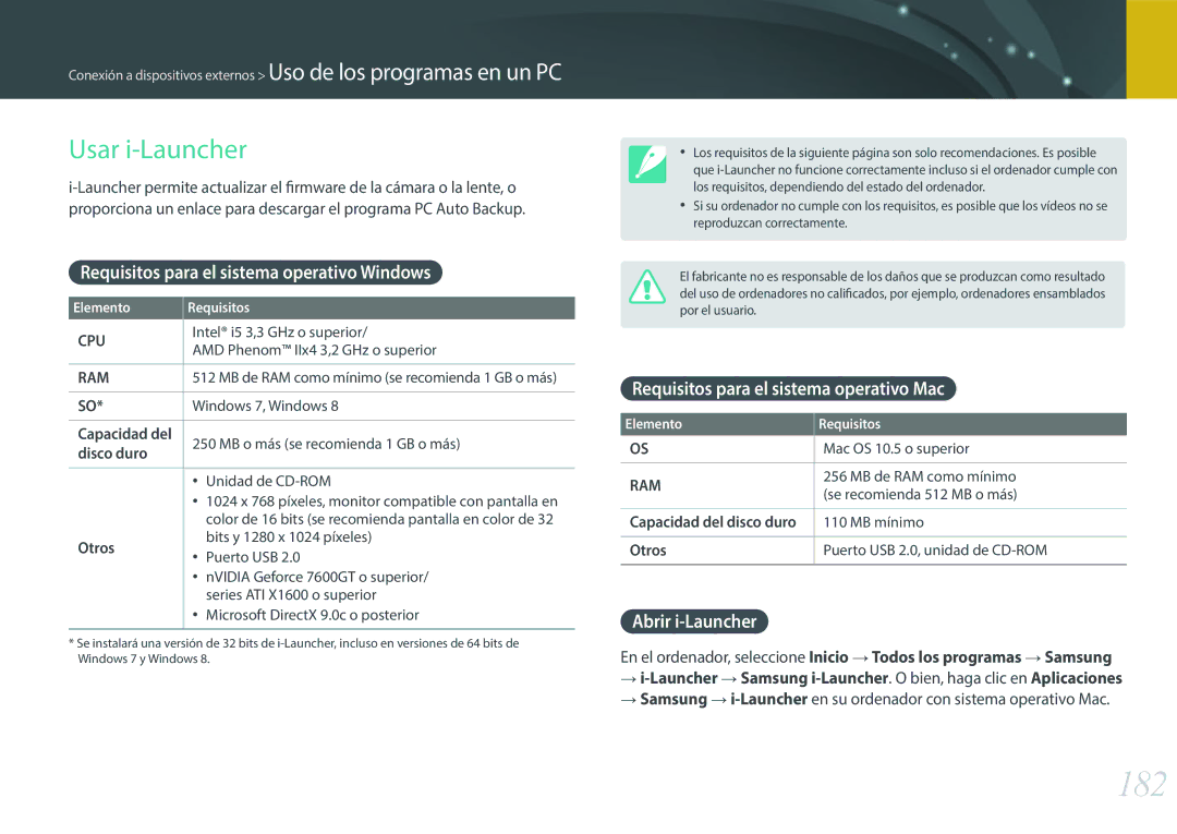 Samsung EV-NX30ZZBGBES manual 182, Usar i-Launcher, Requisitos para el sistema operativo Windows, Abrir i-Launcher 