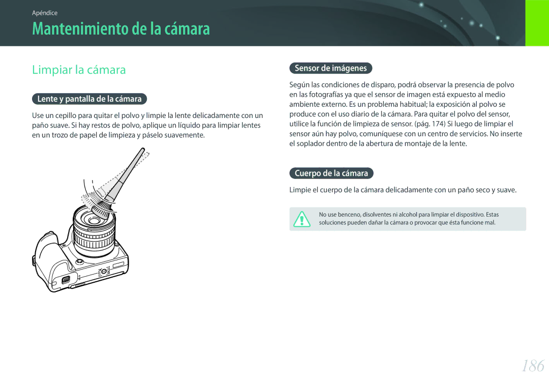 Samsung EV-NX30ZZBGBES manual Mantenimiento de la cámara, 186, Limpiar la cámara 