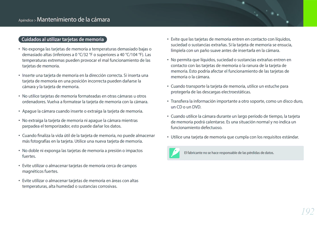 Samsung EV-NX30ZZBGBES manual 192, Cuidados al utilizar tarjetas de memoria 