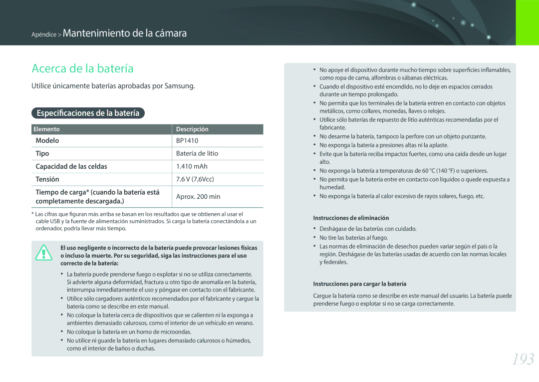 Samsung EV-NX30ZZBGBES manual 193, Acerca de la batería, Utilice únicamente baterías aprobadas por Samsung 