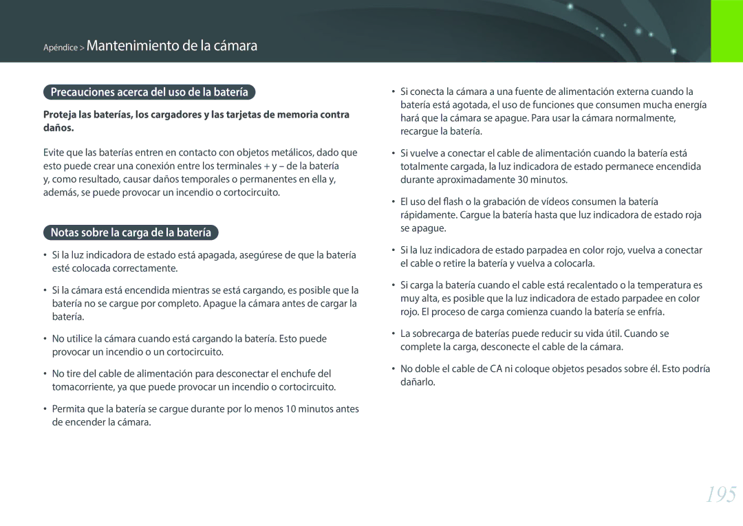 Samsung EV-NX30ZZBGBES manual 195, Precauciones acerca del uso de la batería, Notas sobre la carga de la batería 