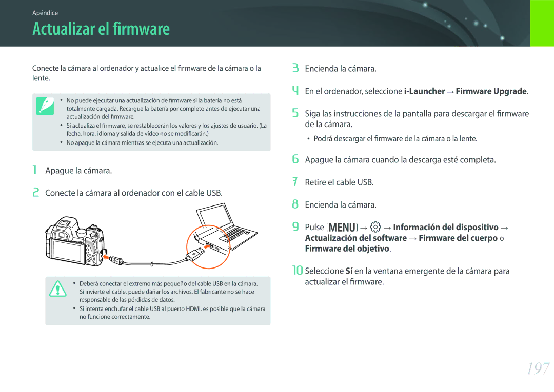 Samsung EV-NX30ZZBGBES manual Actualizar el firmware, 197 