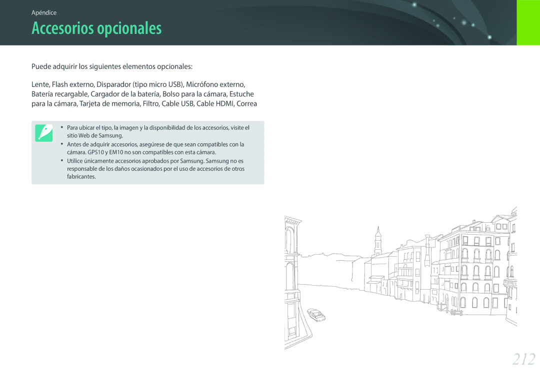 Samsung EV-NX30ZZBGBES manual Accesorios opcionales, 212, Puede adquirir los siguientes elementos opcionales 