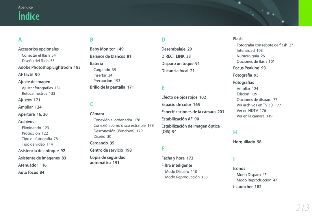 Samsung EV-NX30ZZBGBES manual Índice, 213, Adobe Photoshop Lightroom 