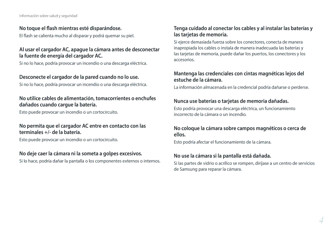Samsung EV-NX30ZZBGBES Desconecte el cargador de la pared cuando no lo use, No use la cámara si la pantalla está dañada 