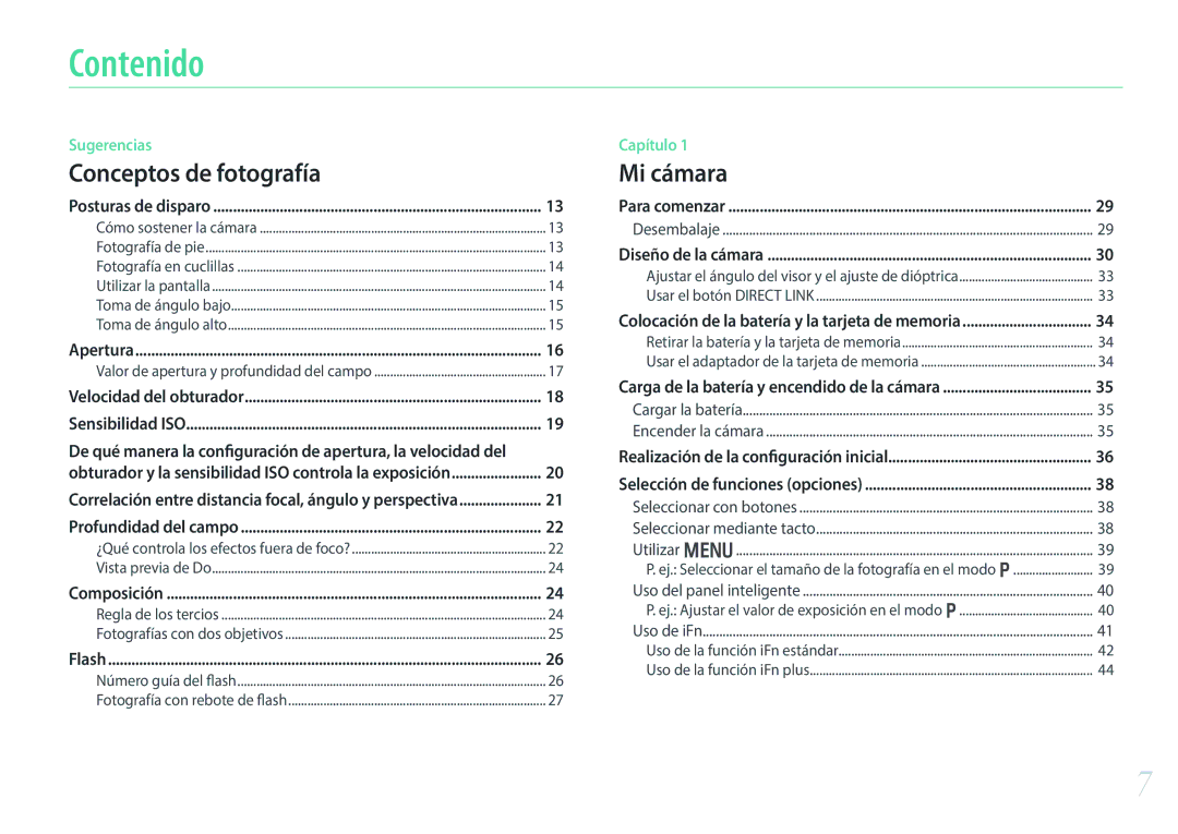 Samsung EV-NX30ZZBGBES manual Contenido, De qué manera la configuración de apertura, la velocidad del 