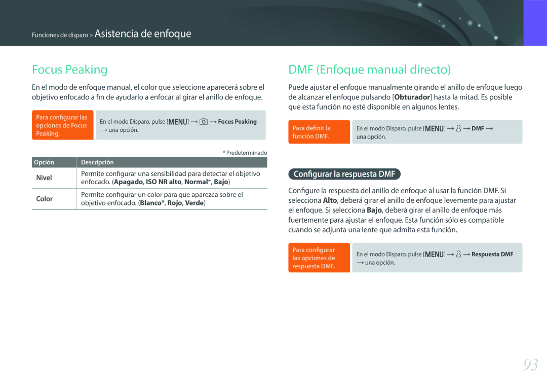 Samsung EV-NX30ZZBGBES Focus Peaking, DMF Enfoque manual directo, Configurar la respuesta DMF 