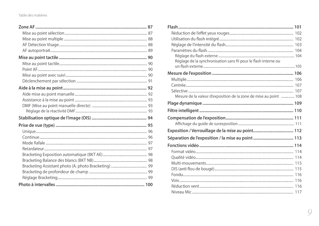 Samsung NX30PRT002/SEF, EV-NX30ZZBGBFR, NX30PRD002/SEF manual 100, 101, 106, 109, 110, 111, 112, 113, 114 