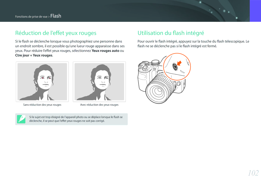 Samsung NX30PRT002/SEF, EV-NX30ZZBGBFR, NX30PRD002/SEF 102, Réduction de l’effet yeux rouges, Utilisation du flash intégré 