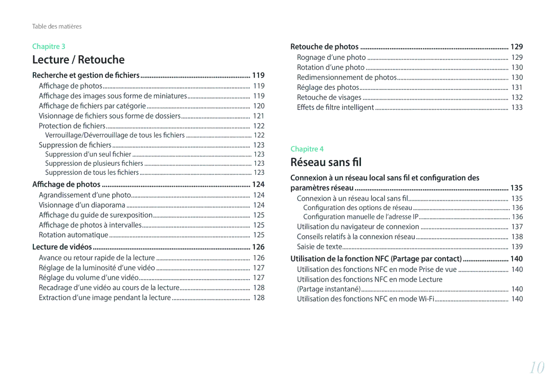 Samsung NX30PRD002/SEF, EV-NX30ZZBGBFR, NX30PRT002/SEF manual 120, 133, 135, Utilisation des fonctions NFC en mode Lecture 