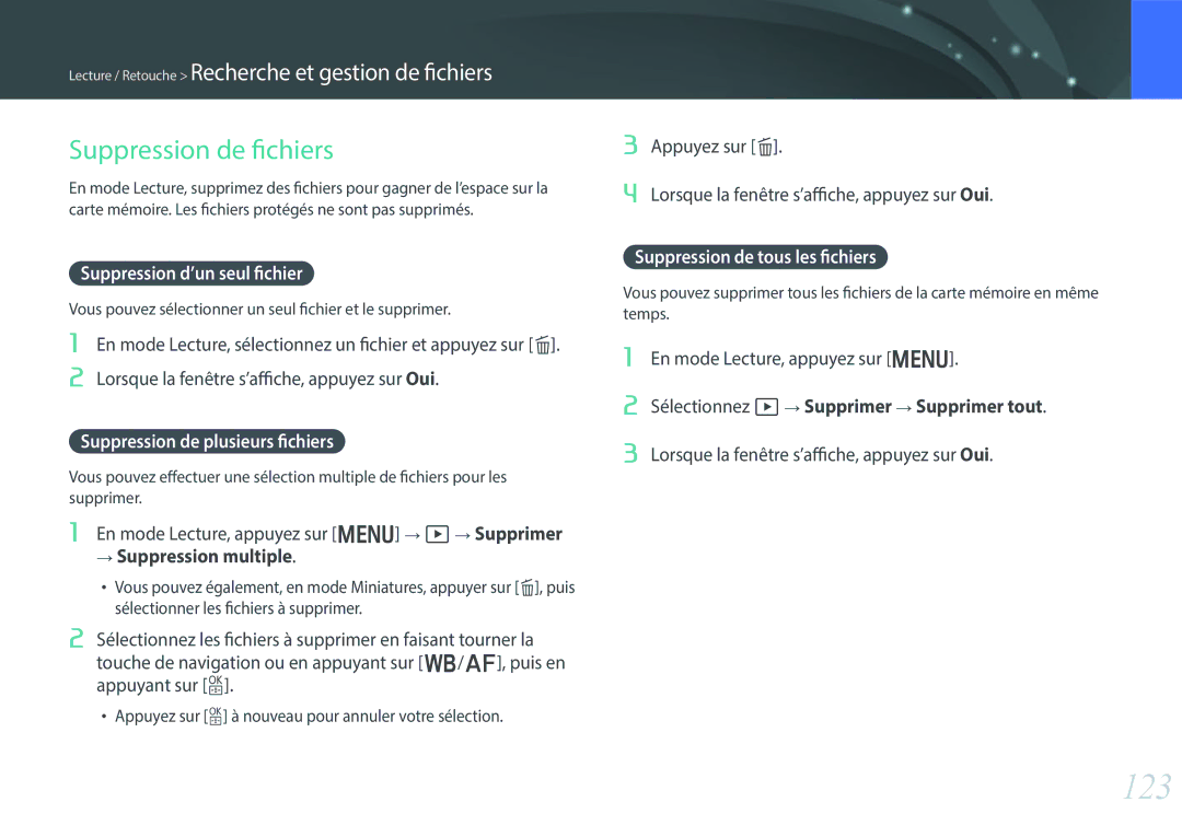 Samsung NX30PRT002/SEF 123, Suppression de fichiers, Suppression d’un seul fichier, Suppression de plusieurs fichiers 