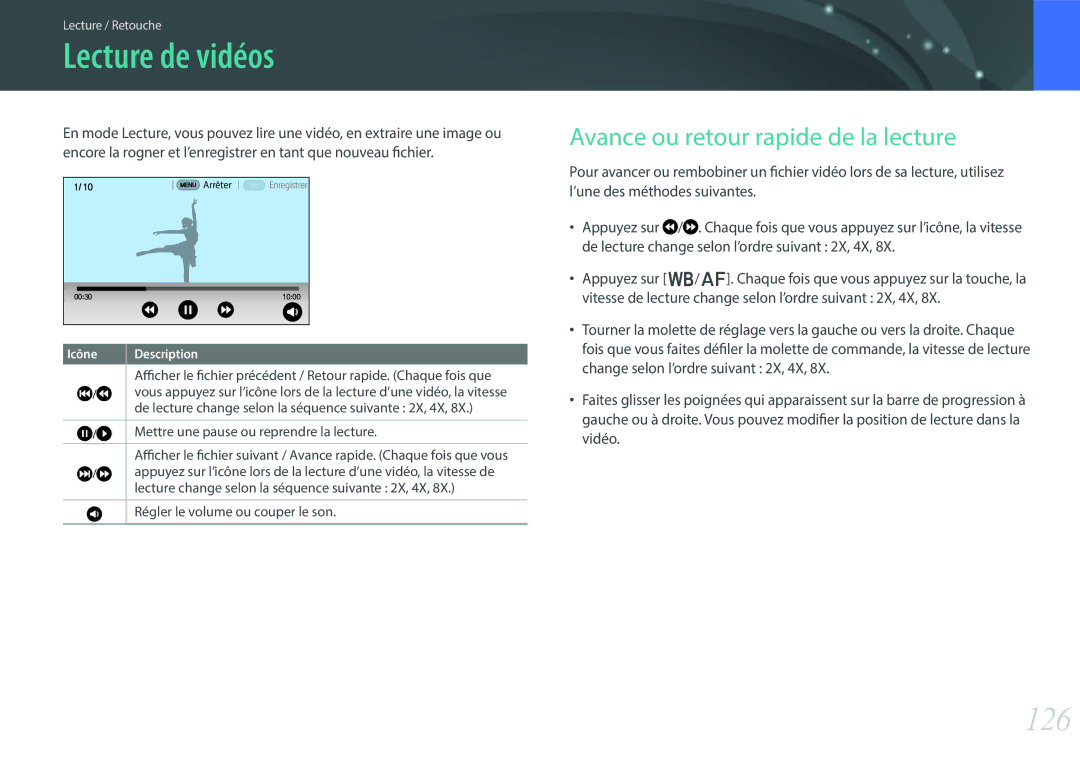 Samsung NX30PRT002/SEF, EV-NX30ZZBGBFR, NX30PRD002/SEF manual Lecture de vidéos, 126, Avance ou retour rapide de la lecture 