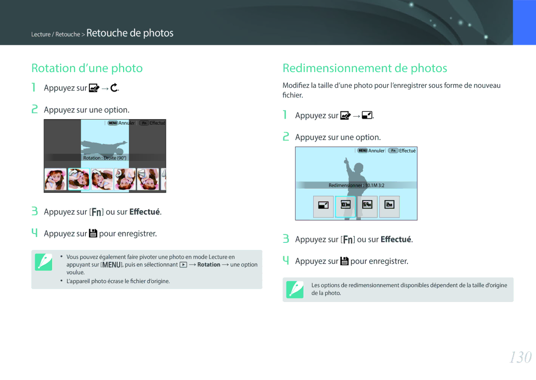 Samsung NX30PRD002/SEF manual 130, Rotation d’une photo, Redimensionnement de photos, Appuyez sur Appuyez sur une option 